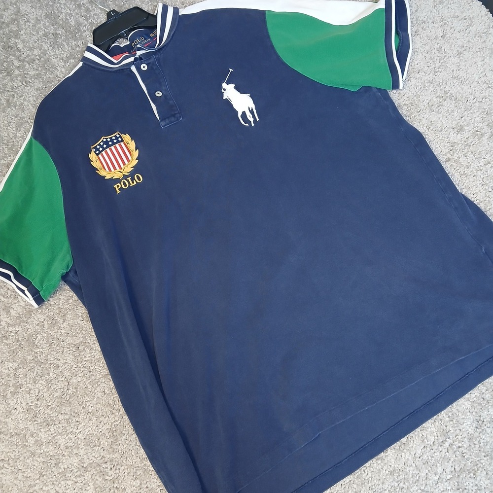 Polo Ralph Lauren Big Pony Colorblock Shield Polo Shirt Navy Green XXL